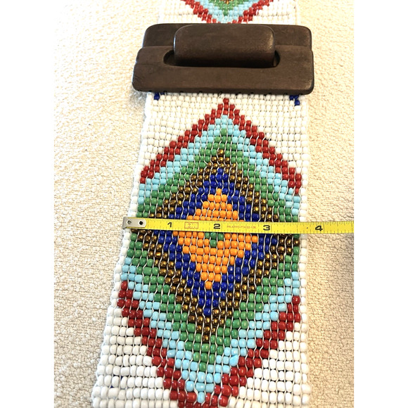 Aztec Beaded 30"x4" Wide Belt Seed Beads Western Native Stretch Wood Clasps - Picture 5 of 8